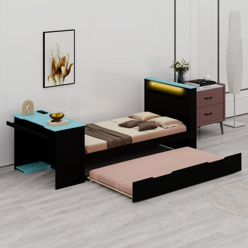Lit de jour avec couchette, bureau, lumière DEL, Noir + bleu