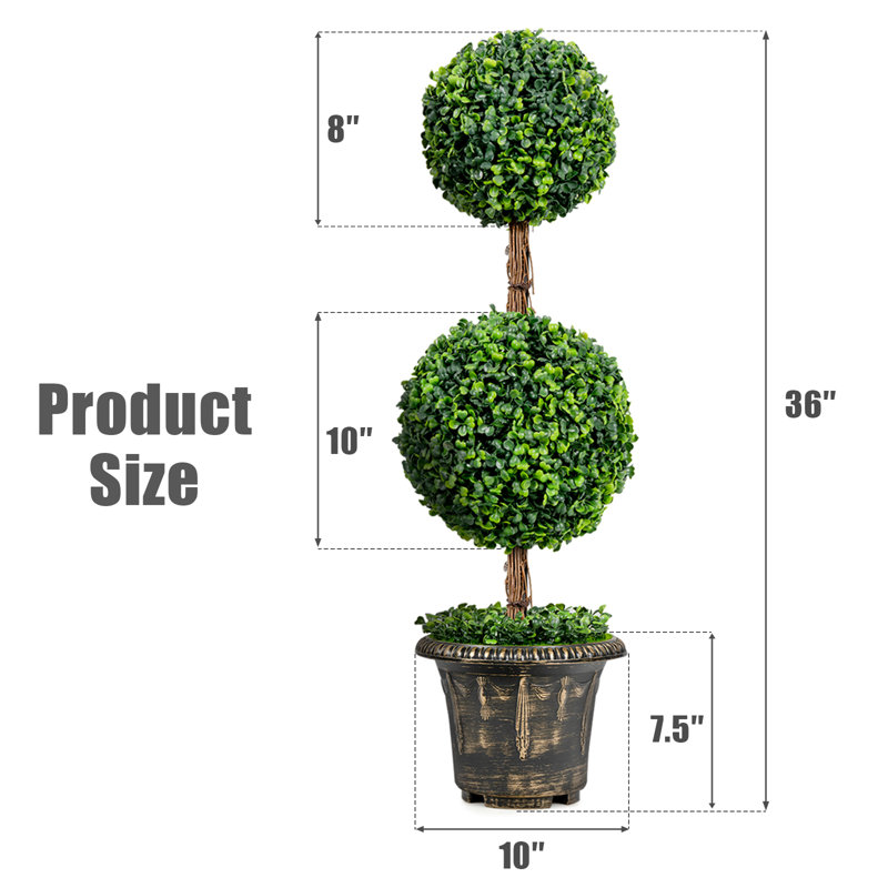 36'' Green Plastic Double Ball Topiary in Cement Pot