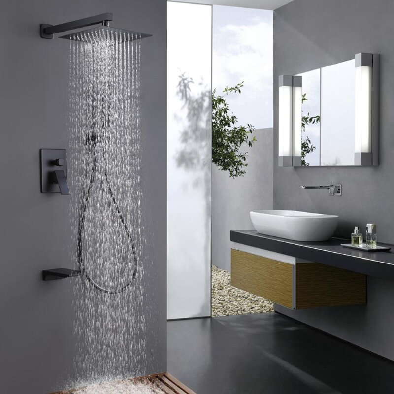 Système de douche à trois fonctions à pression équilibrée avec bec de baignoire, noir mat