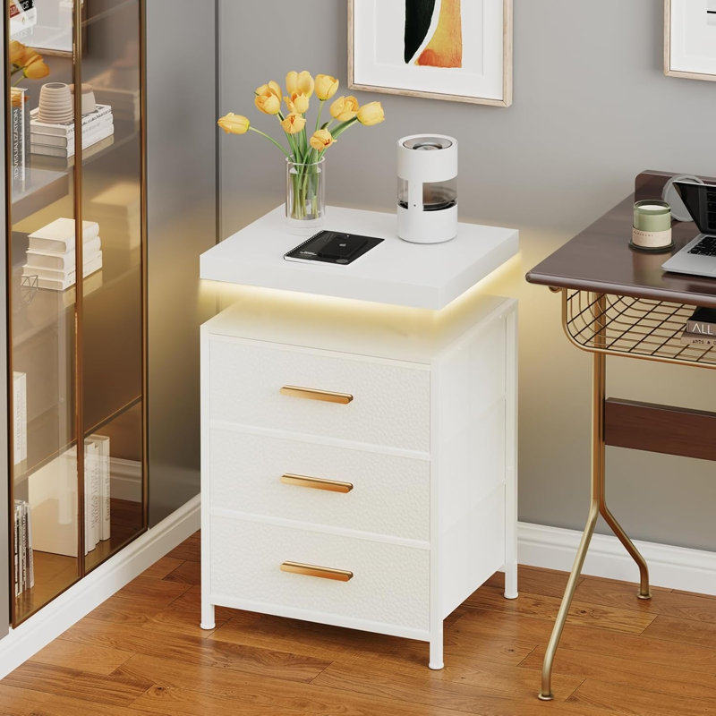 3 Drawers White Nightstand With Smart Led, White