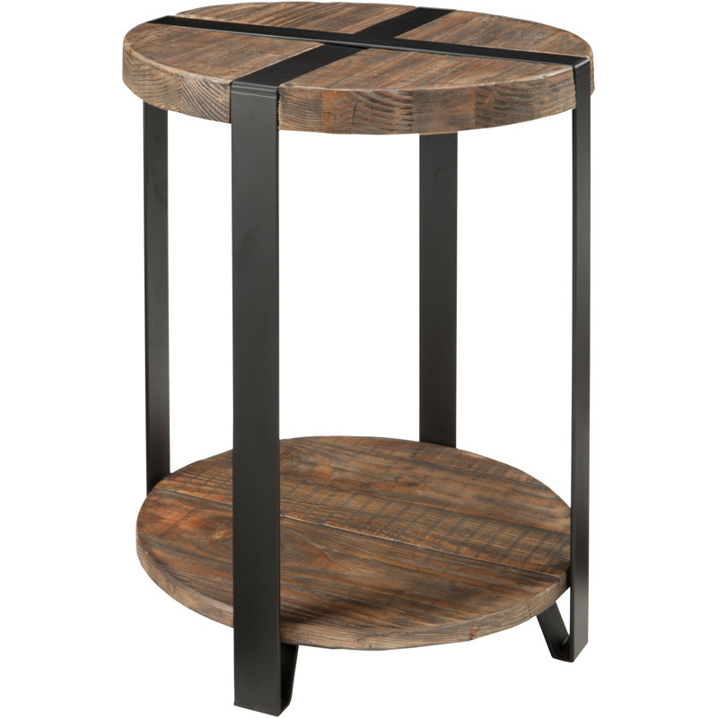 Nedra 20" Dia Rustic Industrial Solid Wood and Metal Round End Table With 1 Shelf