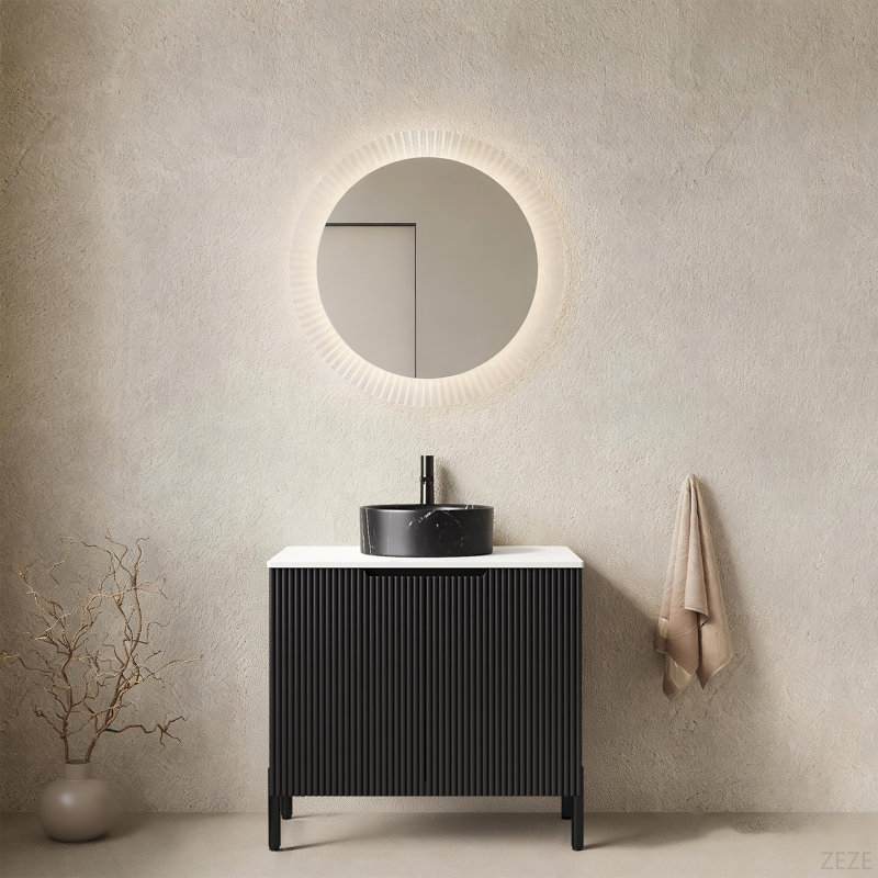 Meuble-lavabo de salle de bain 24 po avec lavabo, meuble de rangement autoportant avec 2 portes, lavabo rond en céramique noire avec motif en pierre et comptoir en pierre frittée blanc de Carrare, sans robinet