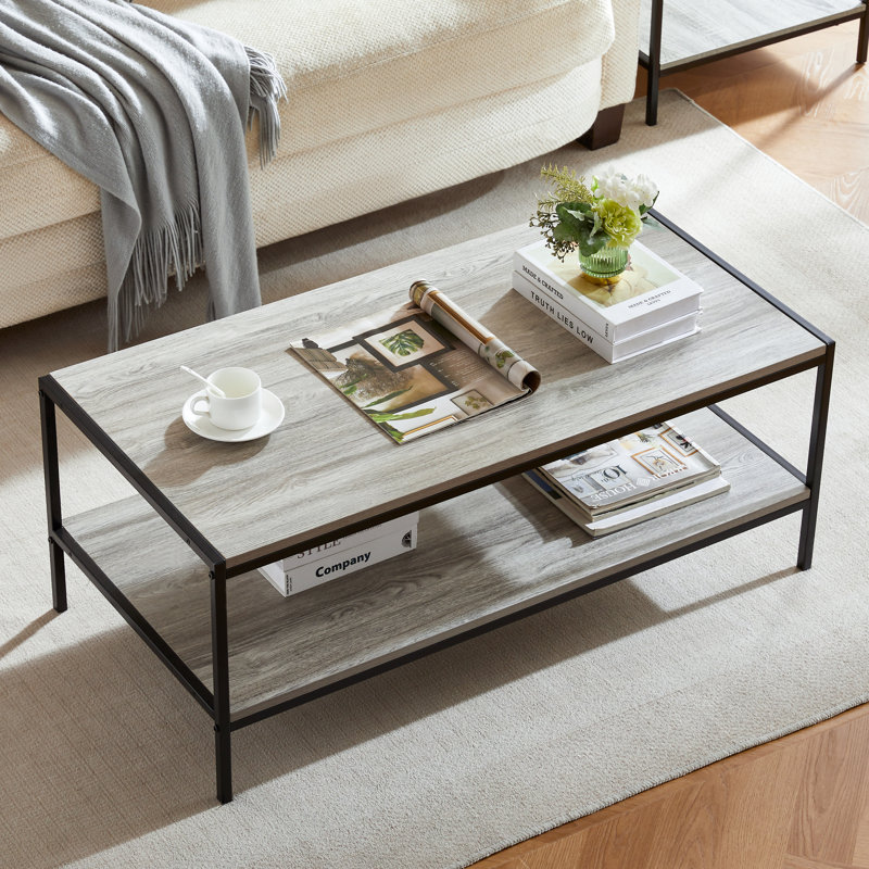 Sylvie Industrial Style Rustic Coffee Table with Metal Legs and Storage, Living Room Furniture, Grey