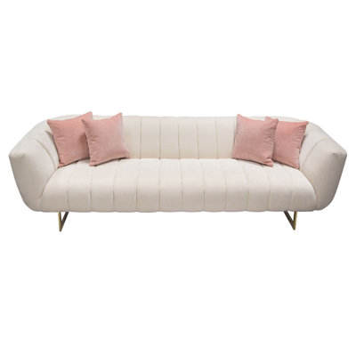 Eva Sofa With 4 Pink Accent Pillows, Cream And Gold Metal Base 98 Inch