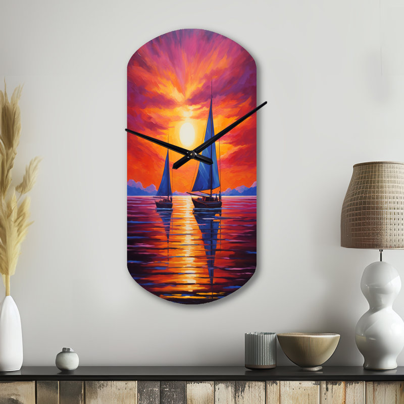Voilier coucher de soleil - horloge murale asymétrique en métal, Petit