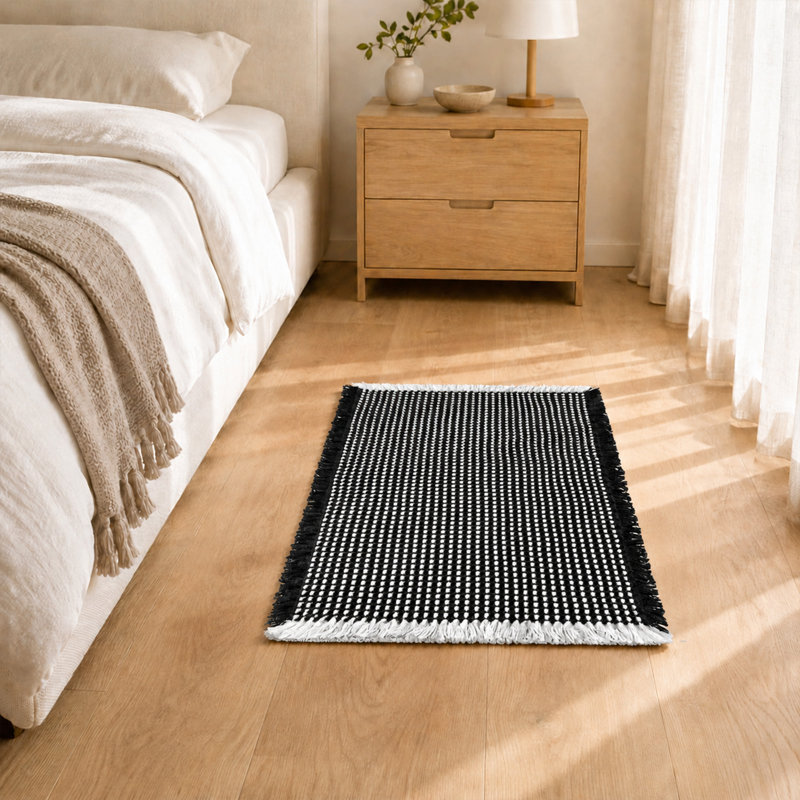 Ensemble de tapis de bain à franges gaufrées - 2 pièces, Black/White, 17" W x 24" L+20" W x 32" L