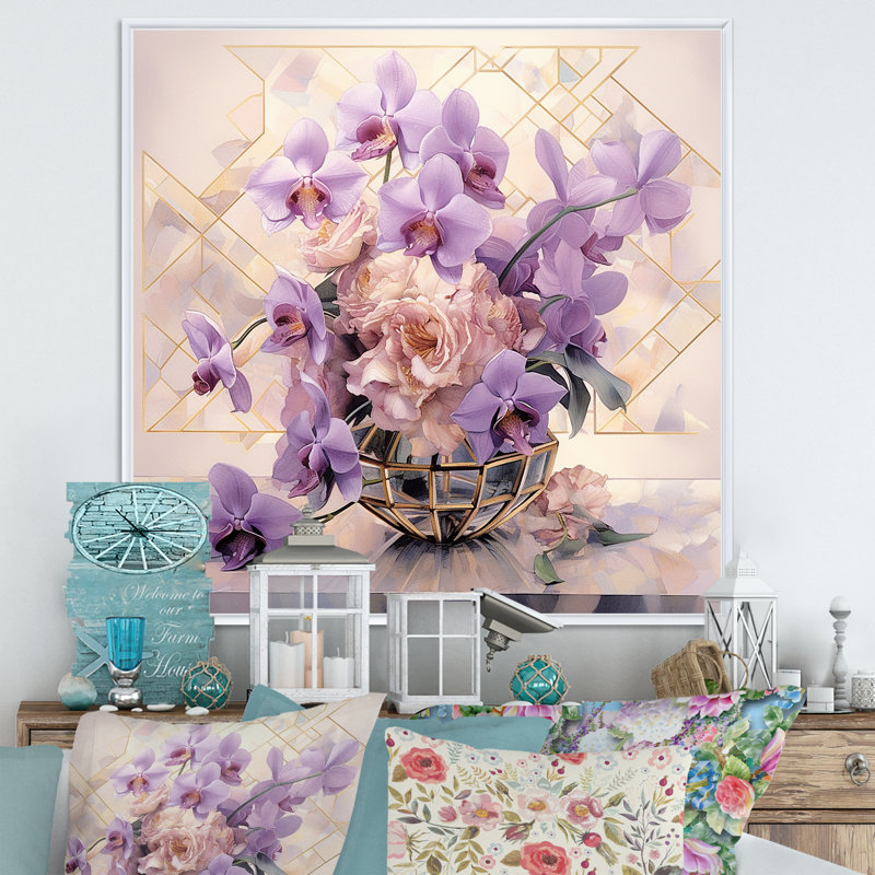 Élégante géométrie mauve Bouquet I - impression, H 36 po x l 36 po x P 1,5 po, Cadre flottant blanc