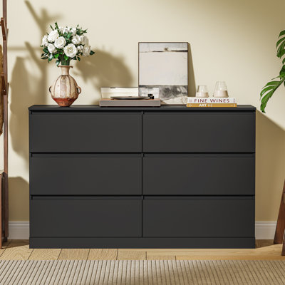Commode 6 tiroirs en bois avec compartiment caché, coffre de rangement haut avec sécurité anti-basculement