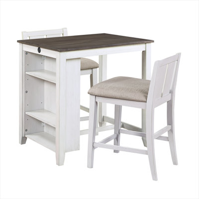 Ensemble de salle à manger à hauteur de comptoir en bois blanc avec tablette USB, 2 places assises, style transitionnel