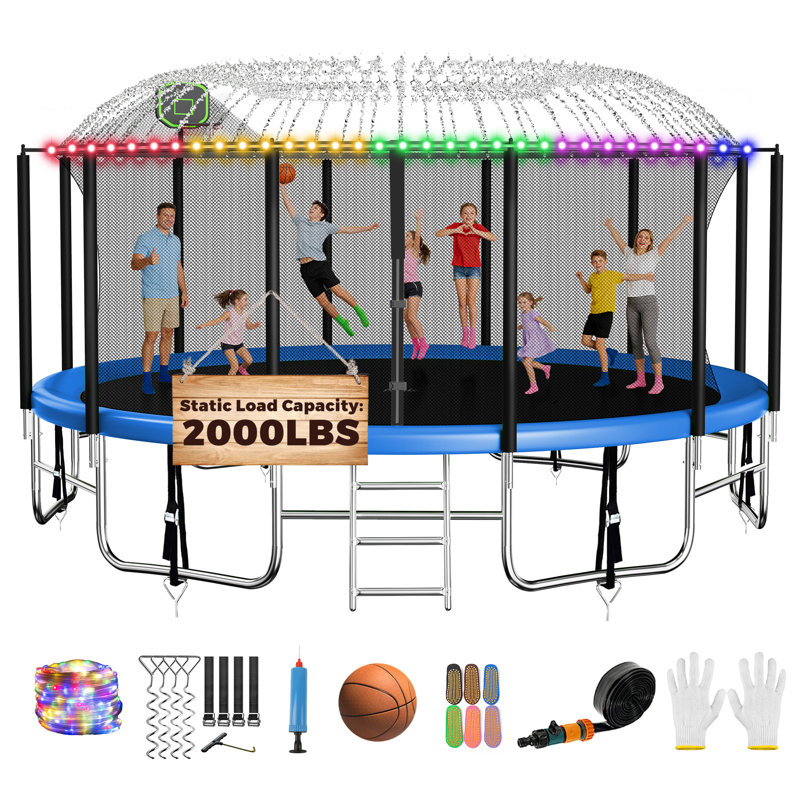 Fiziti Outdoor Trampoline 16FT Round Backyard Trampoline With Safety Enclosure, Basketball Hoop, Sprinkler, Lights, Socks
