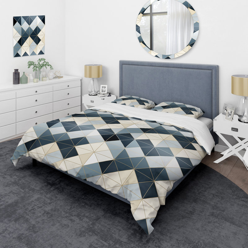 Ensemble de housse de couette en mosaïque bleu / crème, Housse de couette pour très grand lit et 2 très