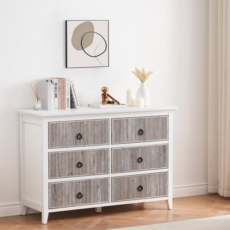 Commode double 6 tiroirs Odran, Gris / blanc
