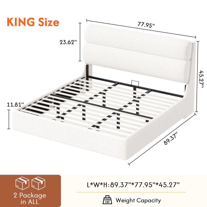 King-Size Bed Frame With Headboard, Upholstered Platform Bed With Wooden Slats, King-Size Soft Cloud-Like Bed, No Box Spring Required, Easy To Assemble, Cream Color.
