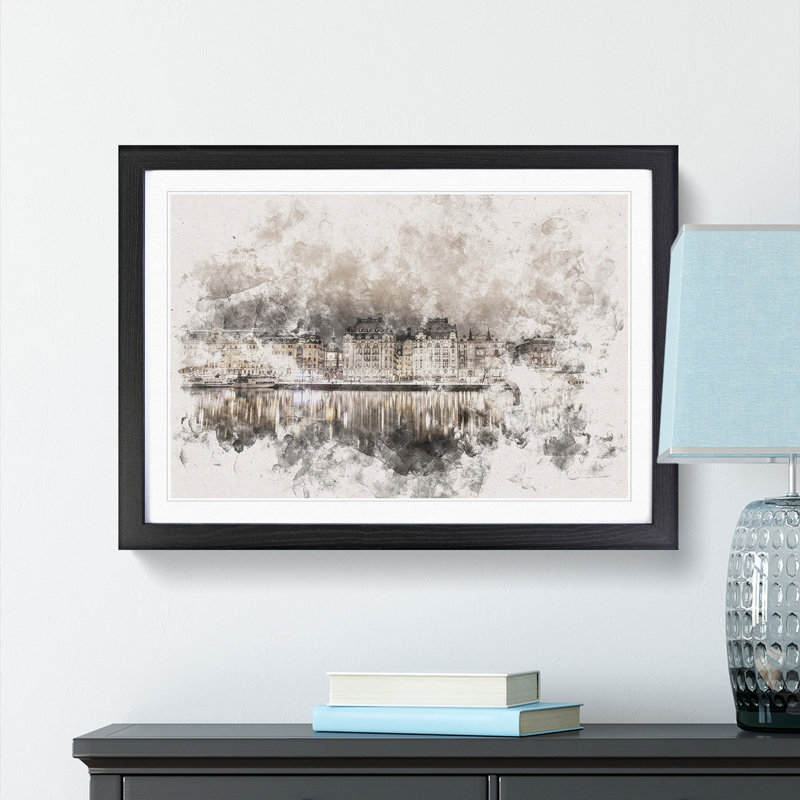 Reflection of Stockholm in Sweden - Picture Frame Painting Print, 24cm H x 33cm W x 2cm D, Black Framed