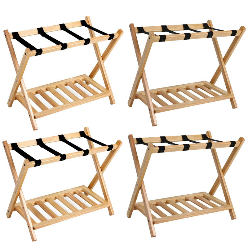 Porte-bagages pliable en bois avec tablette, Naturel, Ensemble de 4