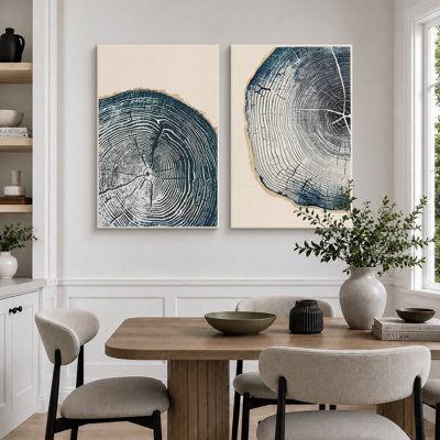 «Tree Ring», œuvre de souche en bois bleu marine, images murales simples et rustiques modernes, ensemble de 2 reproductions d'art sur toile, 16 x 24 x 2, 24 x 36 x 2