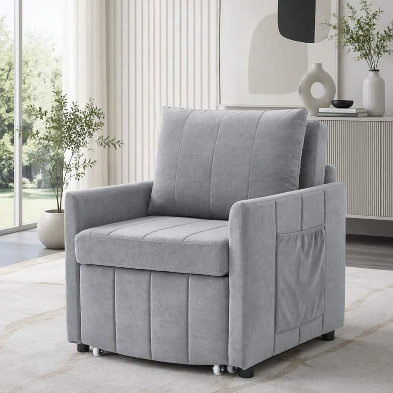 Grey Convertible Sofa Bed with 5-Position Adjustable Backrest
