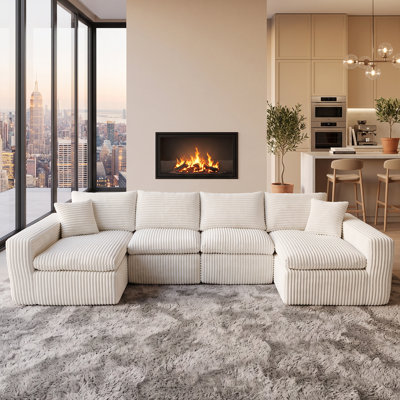 Très grand canapé modulaire en velours côtelé de 130 po en forme de U, canapé modulaire à compression moelleuse avec mousse à mémoire de forme haute densité, canapé sans siège à assise profonde, assemblage sans outil