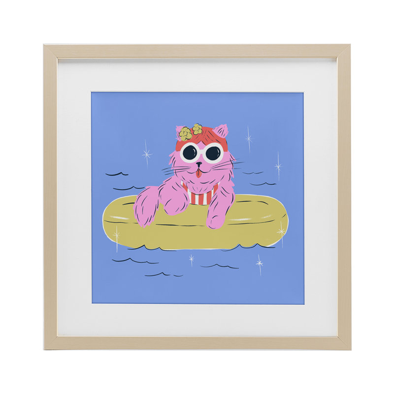 «Summer Pool Float Cat», reproduction encadrée sous verre, conception de Krissy Mast, Cadre de récolte en pin