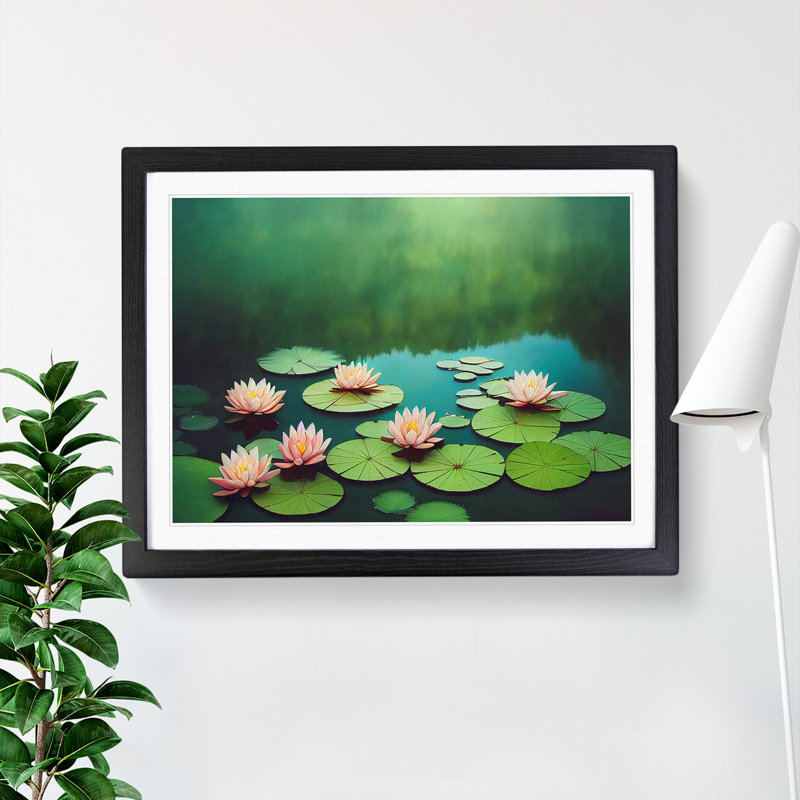 Reflective Water Lily Pond - Single Picture Frame Print, Black Framed, 46cm H x 64cm W x 2cm D