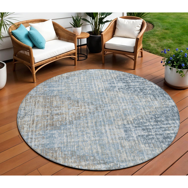 Tapis intérieur lavable rond 8 pi bleu et beige