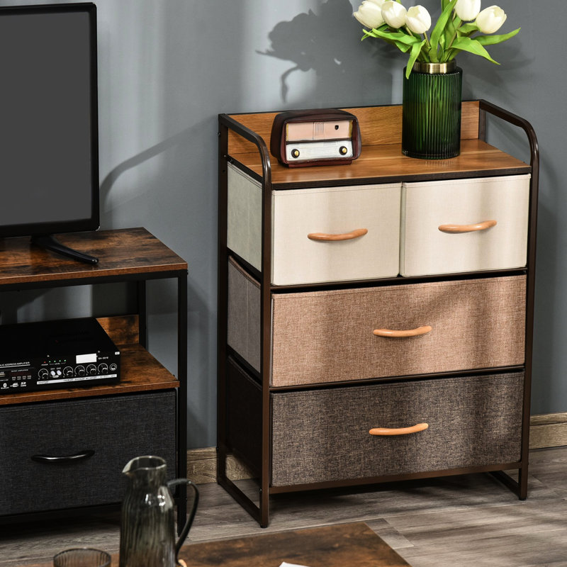 Commode à 4 compartiments de rangement - Tiroirs en tissu et structure en acier pour entrée, avec plateau en bois fini érable brillant, teinte chambre.