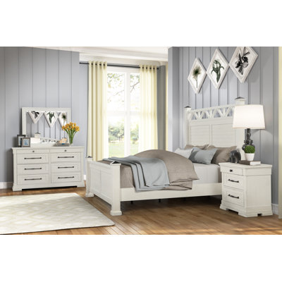 Laria Antique White Finish Wood Panel Bed With Dresser, Mirror, And Nightstand -  Roundhill Furniture, B847KDMN