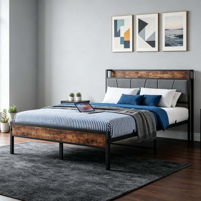 Bed Frame with Storage Headboard, Built-in 2 Outlets & 2 USB Ports, Wooden Bed Frame with Shelf, Easy Assembly for Bedroom