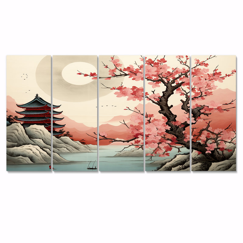 Ensemble de 5 décorations murales japonaises en forme de fleur de cerisier japonais, H 32 po x l 80 po