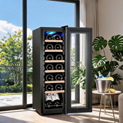 Wine Bar Rack Cabinet Refrigerator, Freestanding 14 Bottles Floor Wine Storage with Dual-Pane UV-Blocking Glass Door, Digital Temperature Control & LED Light for Home Bar, Kitchen & Living Room