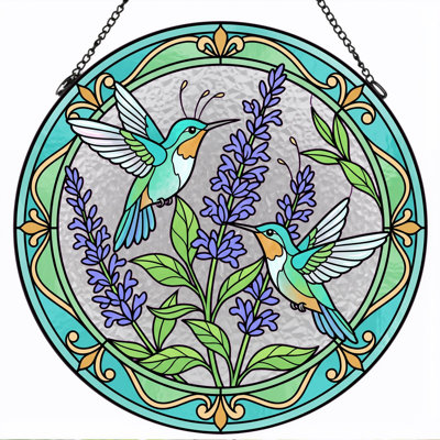 Panneau de vitrail en forme de colibri lavande H 12 po