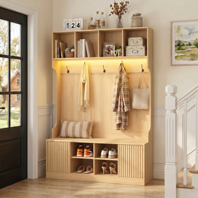 Hall Tree 47.2" Wide with Bench and Shoe Storage, Multi-Purpose Entryway Bench with Coat Rack, 5 Double Hooks and 8 Open Compartments