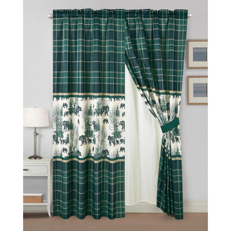 Blue Green Grizzly Bear Lodge Window Curtain Set with Sheer Backing