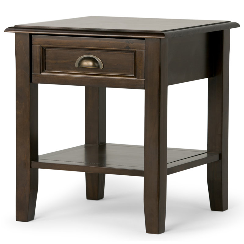Burlington 18"W Solid Wood Transitional Square End Table with Drawer and Open Shelf, Mahogany Brown
