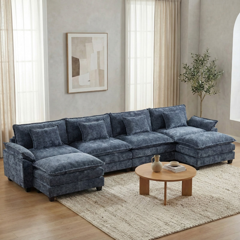 Canapé modulaire modulaire en U à rayons en forme de U de 154 po avec repose-pieds amovible Modern, Chenille bleu