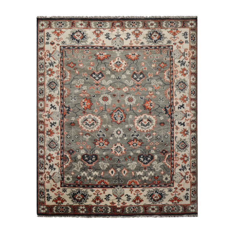 Tapis oriental en laine noué à la main en gris / beige / orange, Rectangle 8 pi 3 po x 10 pi