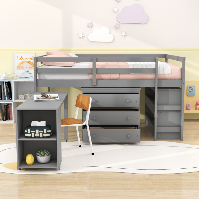 Lit mezzanine avec bureau, bibliothèque et tiroirs de rangement, Gris, Double