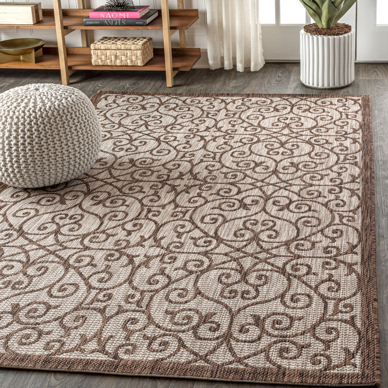 Haggerty Vintage Filigree Textured Weave Taupe/Espresso Indoor/Outdoor Rug, Rectangle 3'11" x 6'