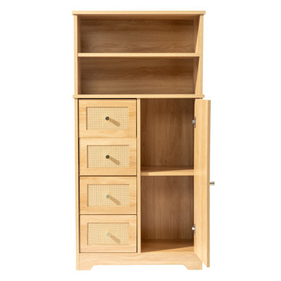 Armoire de rangement de salle de bain en chêne 4 étages 1 porte 4 tiroirs avec plateau en rotin