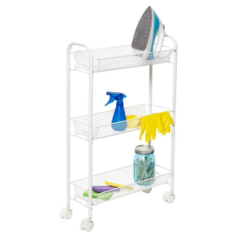 Slim White 3-Tier Wire Mesh Rolling Storage Cart