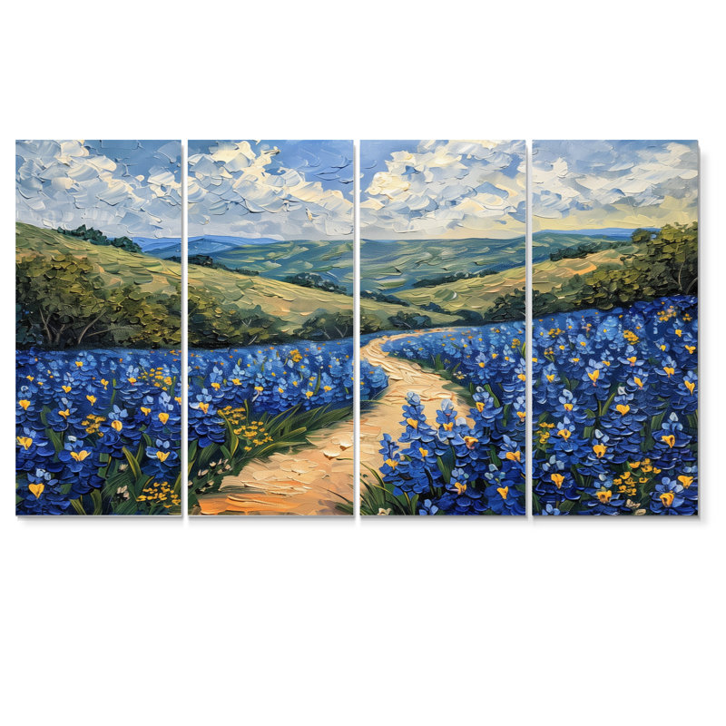 «Blue Green Meadow Charm Blue Bonnets» - ensemble d'art sur toile Blue Bonnets, H 32 po x l 64 po