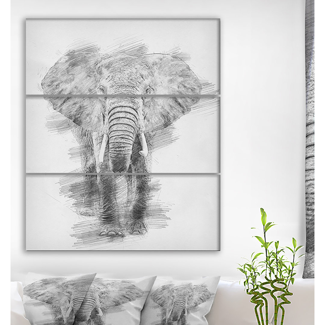 " Black And White Elephant Pencil Sketch " 3 - Pieces East Urban Home