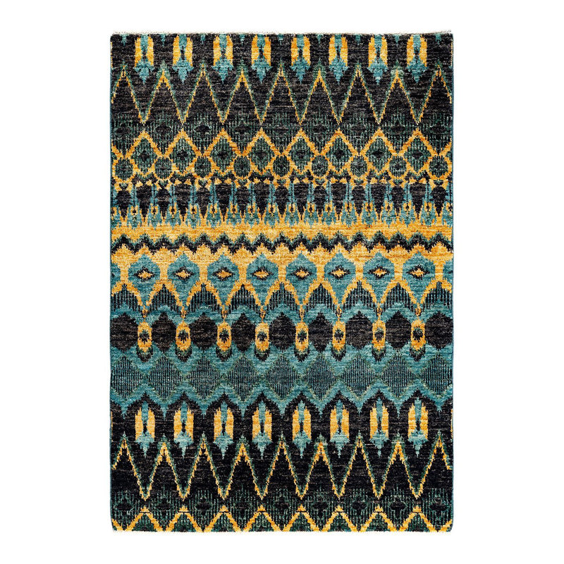 Tapis noir / bleu / jaune surteint 4 pi 6 po x 6 pi 5 po One-of-a-Kind