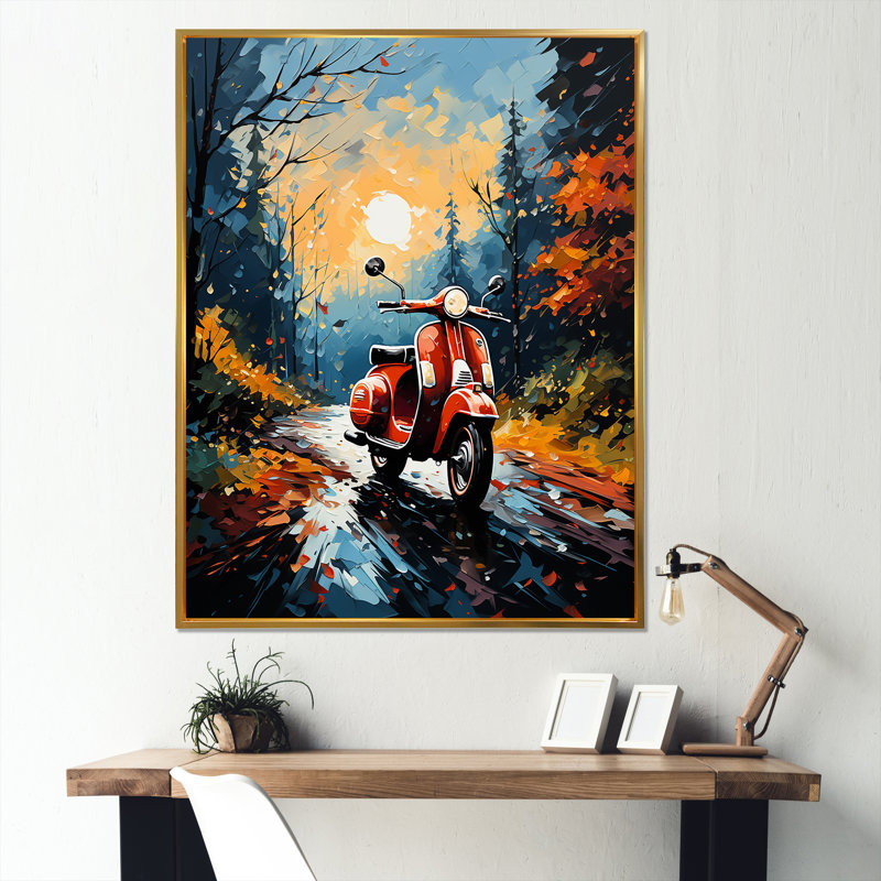 «Riding Scooter In The Country Autumn», reproduction sur toile, Cadre flottant doré, H 20 po x l 12 po x P 1 po