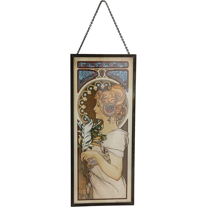 Fénélon Ebros Alphonse Mucha, femme éthérée avec plume, plaque décorative en verre coloré