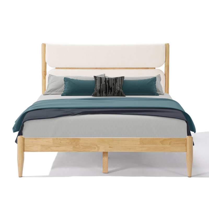 Structure de lit grand en bois massif avec tête de lit en molleton, base en caoutchouc, quatre pieds fuselés, sans sommier tapissier, fabrication, tête de lit luxueuse, pieds et