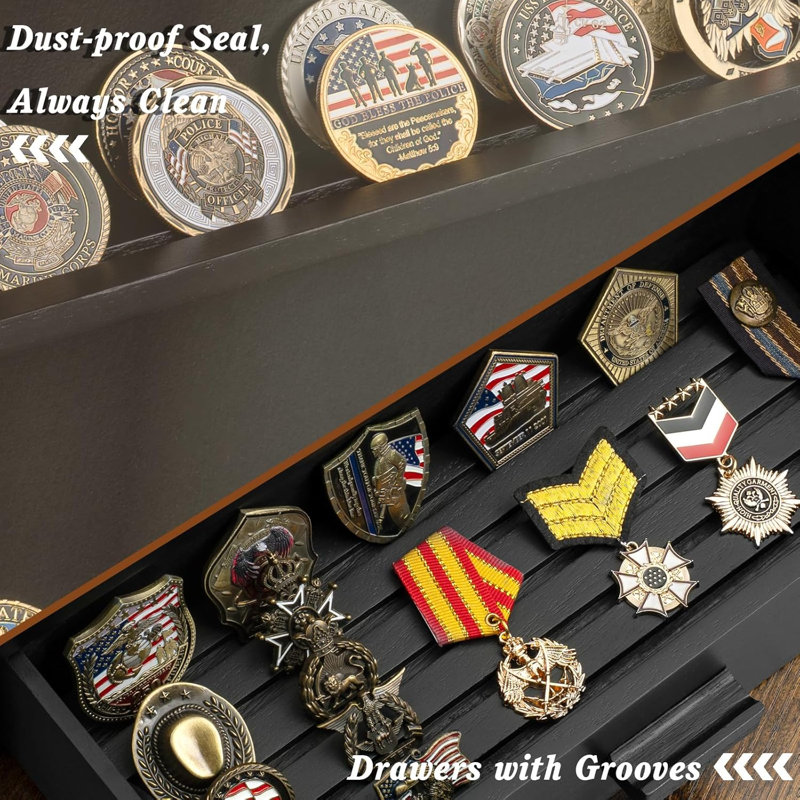 Vitrine défi en bois massif, pouvant contenir 100 pièces, 13 rangées de supports à médailles militaire, noir