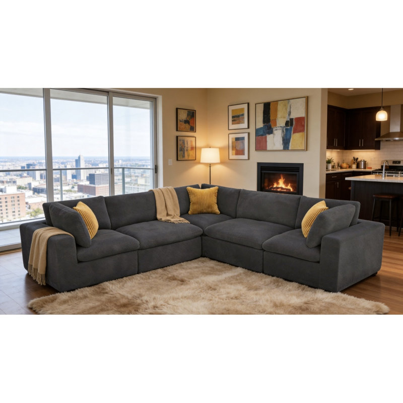 Grain de café modulaire entièrement rembourré avec coussins décoratifs, Gris clair