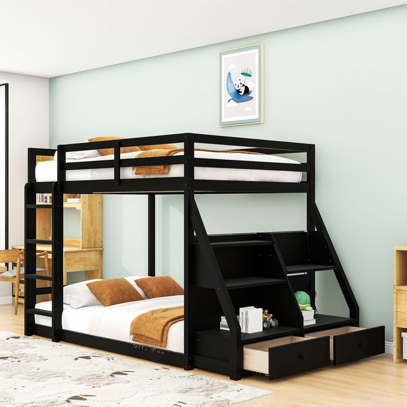 Lit superposé double avec 2 tiroirs en bois avec tablettes, Noir