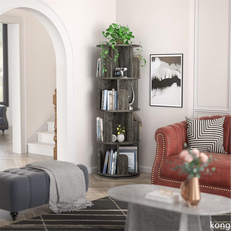 Gray Oak 4-Tier Rotating Corner Bookshelf with Cubes